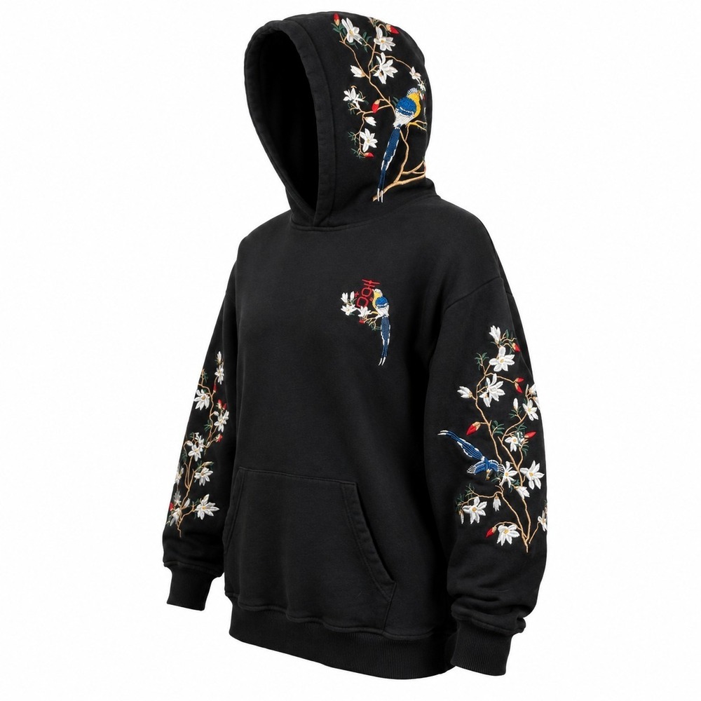 Japanese Embroidered Hoodie SZ L Black Floral Bird Magnolia Cotton Sweatshirt